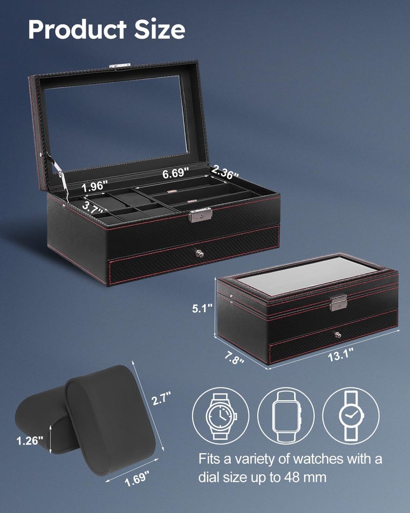 Jenseits Watch Box for Mens Jewelry Box, 6 Slot Watch Case & 3 Slot Sunglasses Organizer, Lockable PU Leather Jewelry Organizer Watch Display Storage W/Drawer For Rings Bracelets, Gift for Men Women - Image 5